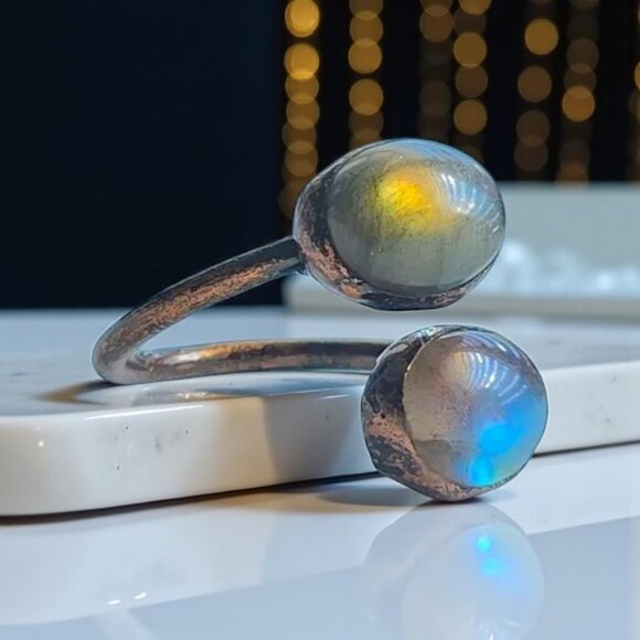 π Boho Vintage Labradorite Ring Adjustable Open Wrap Handmade Copper Finish - Picture 8 of 12